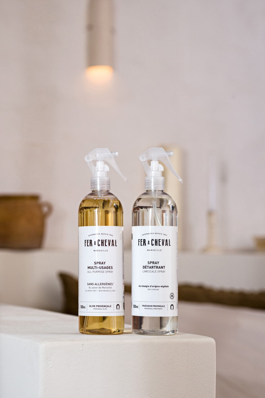 Two bottles of Fer a Cheval cleaning products on a white surface with a neutral background. French Soaps UK