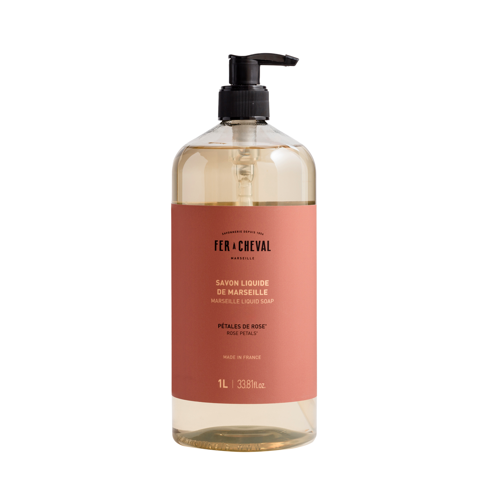 Bottle of Fer a Cheval Marseille soap on a white background