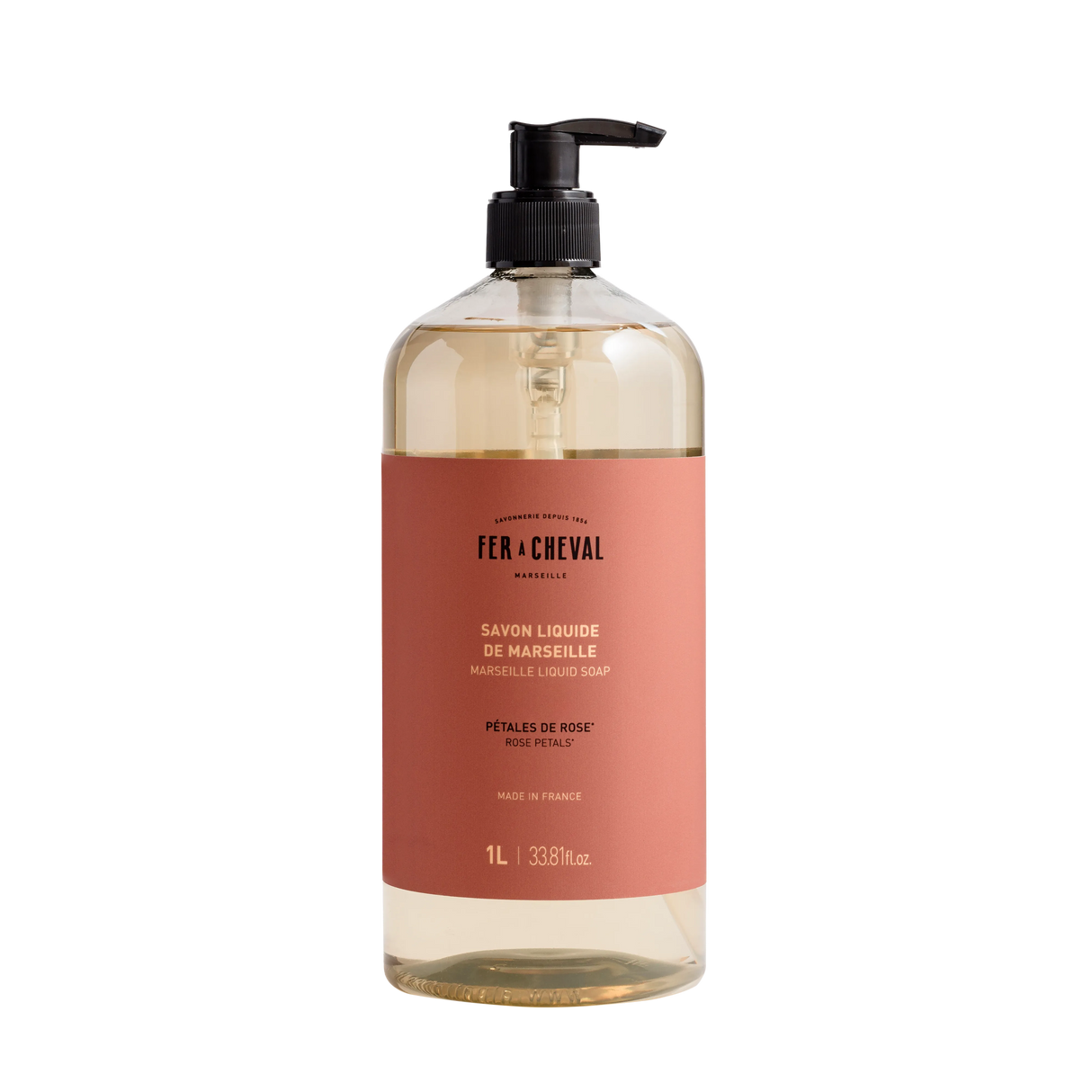 Bottle of Fer a Cheval Marseille soap on a white background