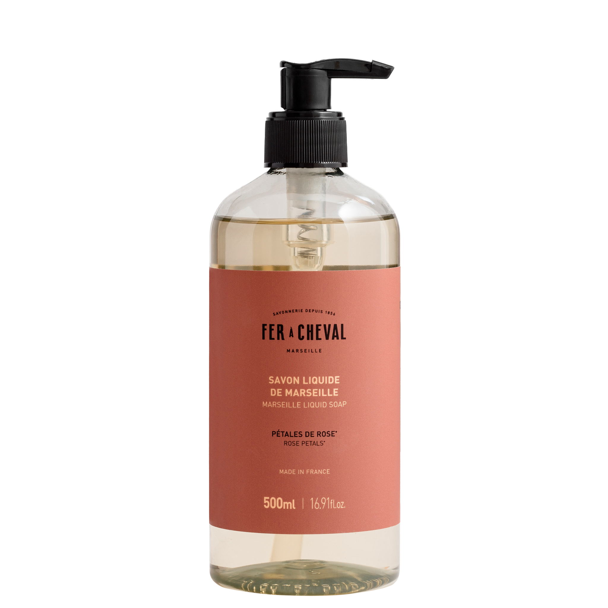 Bottle of Fx Cheval liquid soap with a pump on a white background