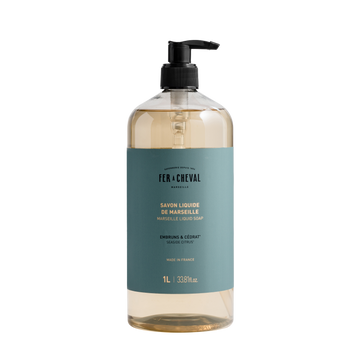 Bottle of Fér à Cheval Marseille Liquid Soap on a white background