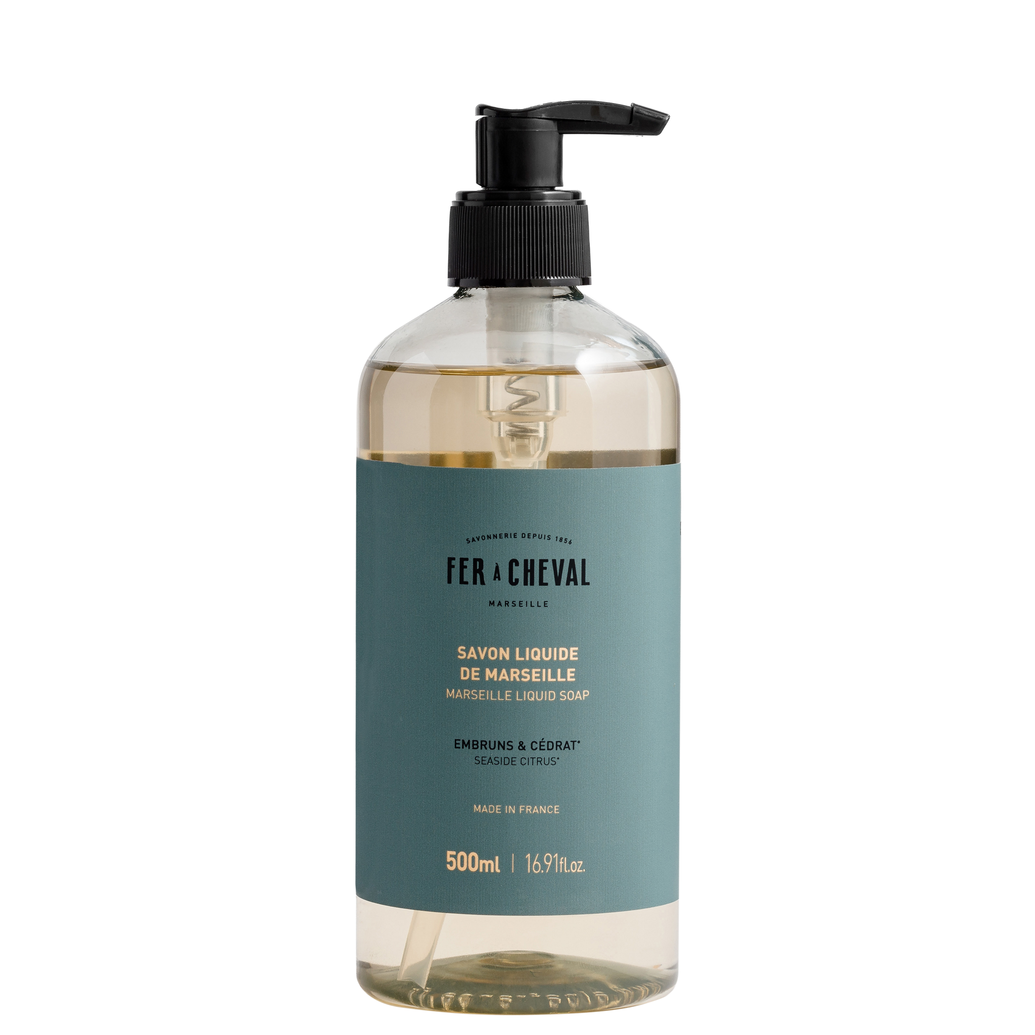 Bottle of Fér à Cheval liquid soap with pump on a white background