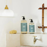 Bathroom setting with two bottles of soap on a shelf, a faucet, and a bath mat.