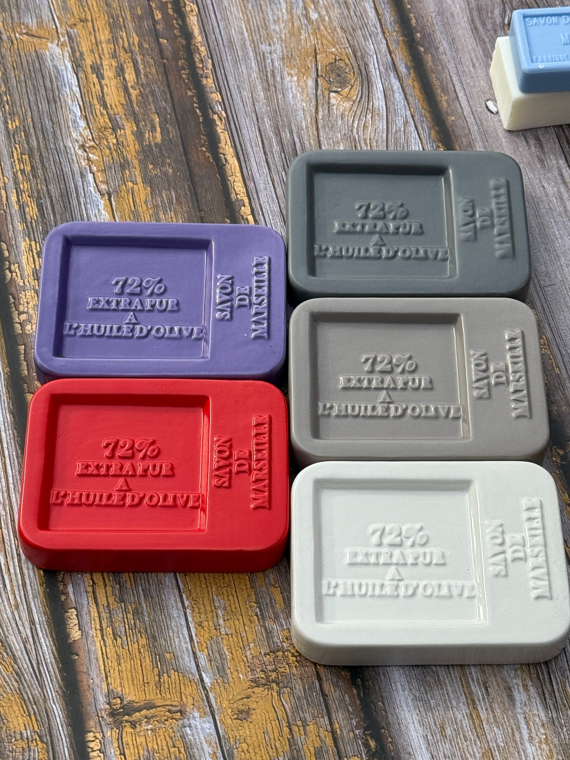 Savon de Marseille Dishes in Red, Purple, mushroom, grey & white