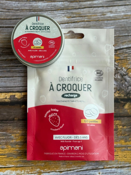 Organic Toothpaste Tablets with Flouride | Strawberry | 120 Refill Pouch