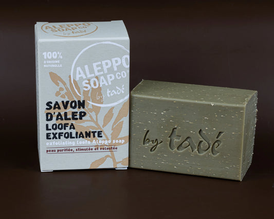 TADÉ PAYS DU LEVANT Aleppo Soap with Natural Loofah Fibres – Exfoliating Olive & Bay Oil Bar |100 g French Soaps UK
