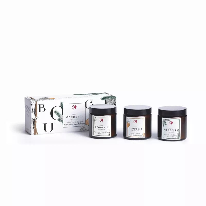 Boxed Candle Trio: Agar Wood (Oud), Amber, Balsam Fir