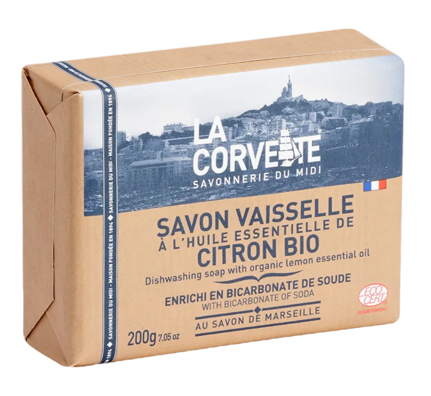 LA CORVETTE Dishwashing Soap Bar with Baking Soda and Organic Lemon | 200g French Soaps UK