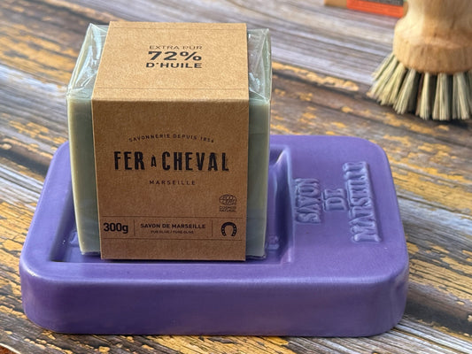 300g Savon de Marseille Cube on Flat Soap Dish