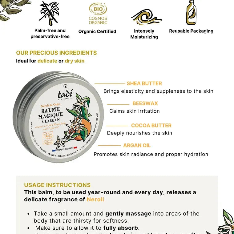 TADÉ PAYS DU LEVANT "Magic' Balm with Atlas Argan Oil, Shea Butter and Cocao | Neroli | 50ml French Soaps UK
