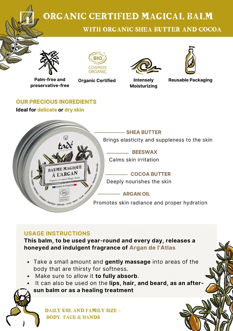 TADÉ PAYS DU LEVANT "Magic' Balm with Atlas Argan Oil, Shea Butter & Honey, for Face, Body & Hair | 50ml French Soaps UK