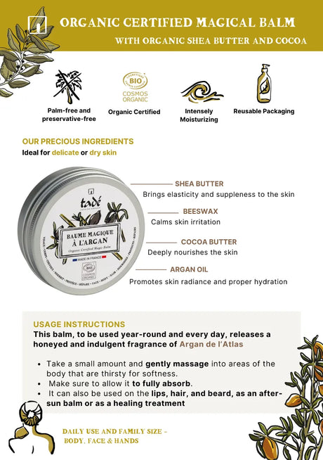 TADÉ PAYS DU LEVANT "Magic' Balm with Atlas Argan Oil, Shea Butter & Honey, for Face, Body & Hair | 50ml French Soaps UK