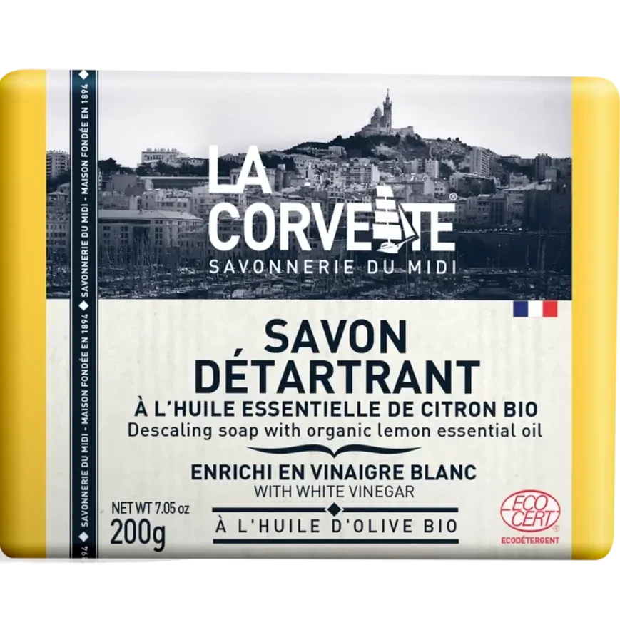 LA CORVETTE Multi-surface Bar, Vinegar, Olive & Coconut Oils, and Organic Lemon Oil | 200g French Soaps UK