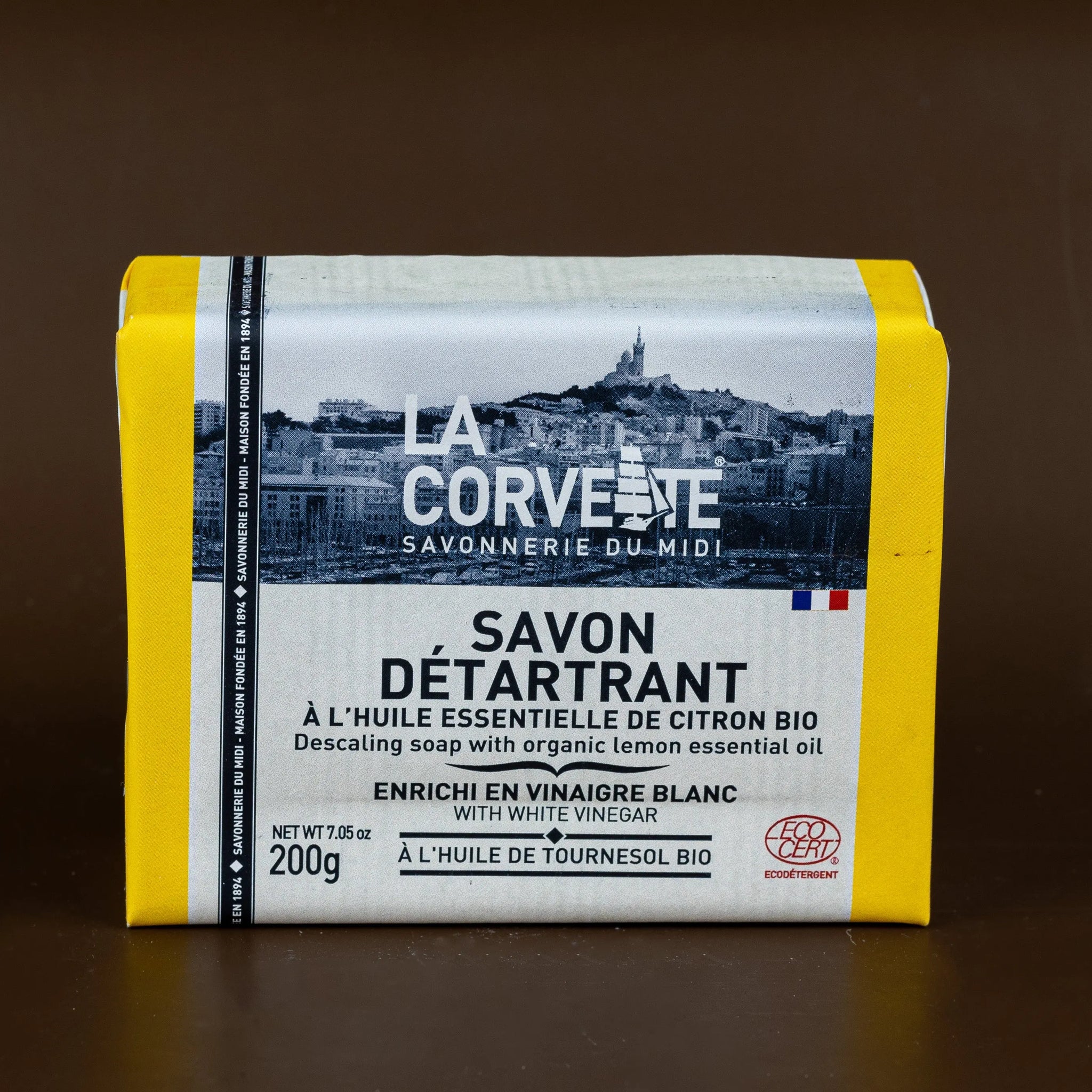 LA CORVETTE Multi-surface Bar, Vinegar, Olive & Coconut Oils, and Organic Lemon Oil | 200g French Soaps UK