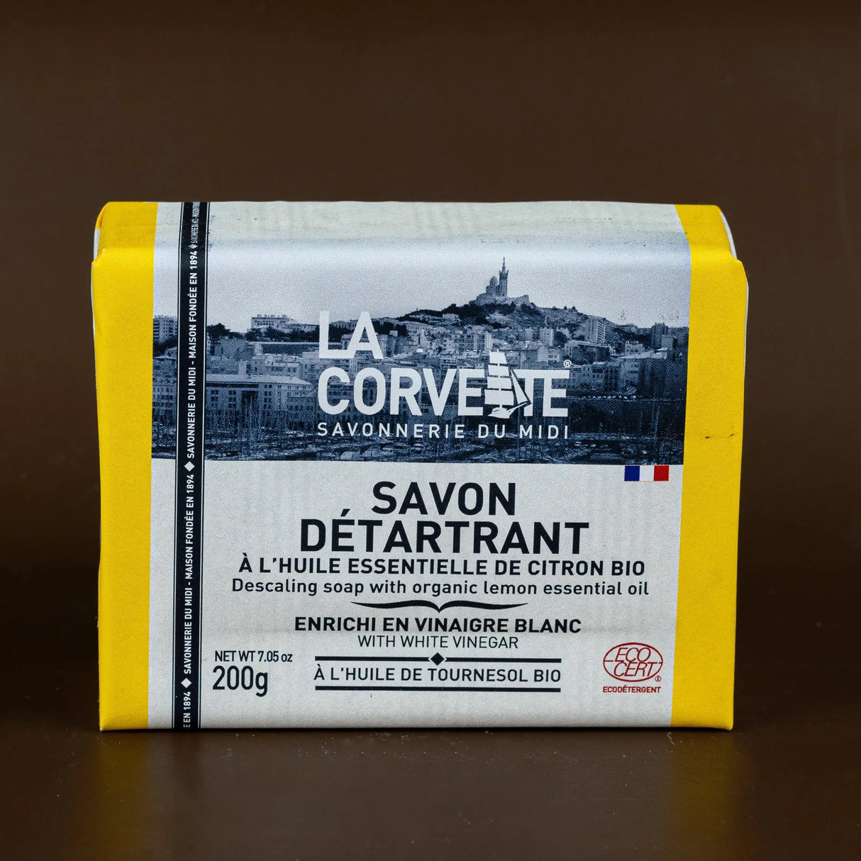 LA CORVETTE Multi-surface Bar, Vinegar, Olive & Coconut Oils, and Organic Lemon Oil | 200g French Soaps UK