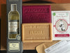 Patchouli soap and eau de toilette with packaging on a wooden surface