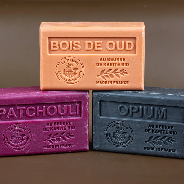 LA MAISON DU SAVON DE MARSEILLE Patchouli, Oud & Opium | Fragranced Marseille Soap with Shea Butter | 3 x 125g French Soaps UK