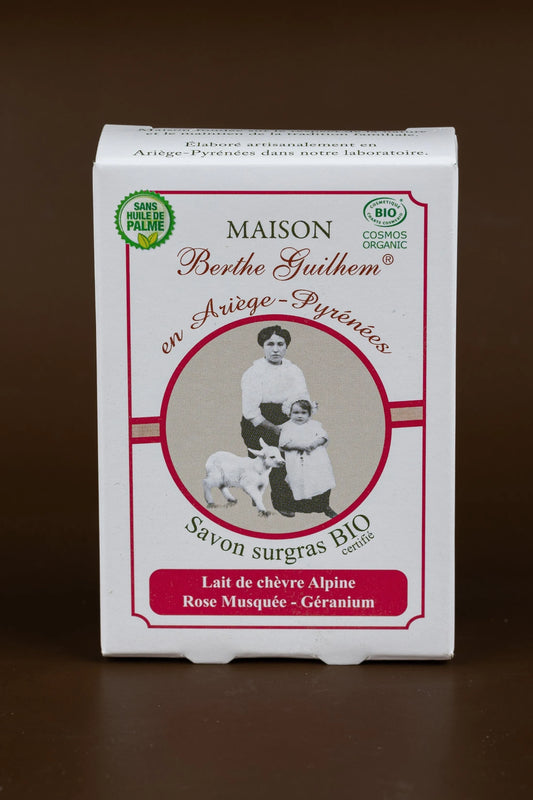 MAISON BERTHE GUILHEM Rose Geranium & Rosehip Oils | Organic Alpine Goat's Milk | 100g French Soaps UK