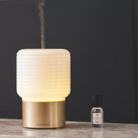 An electric  diffuser emitting steam with a small bottle of fragrance oil from geodesic next to it on a dark background.