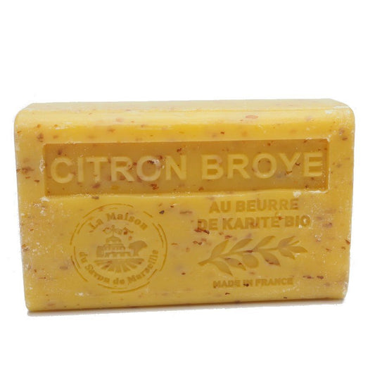 A rectangular bar of French soap with organic Shea Butter, Citron Broye , exfoliating Lemon Savon de Marseille French Soap Bar in the UK